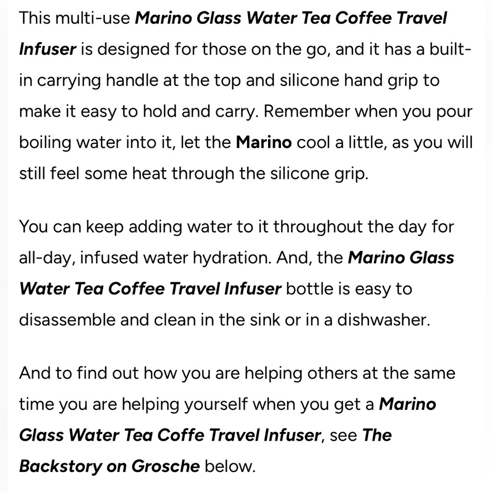GROSCHE MARINO GLASS WATER TEA COFFEE TRAVEL INFUSER — BLACK — 18.6 OZ - Picture 9 of 13